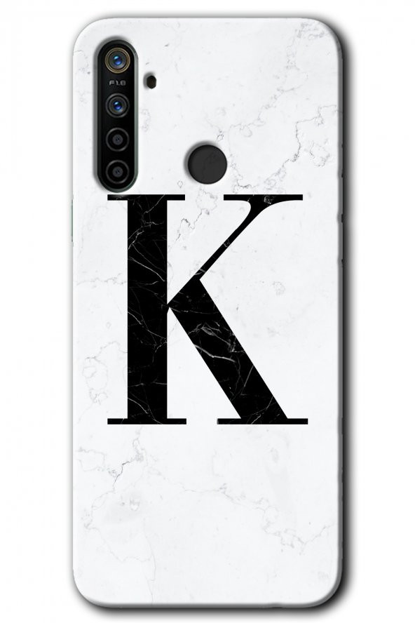 Realme 6i Kılıf HD Desen Baskılı Arka Kapak - Beyaz Mermer Desenli K Harfi