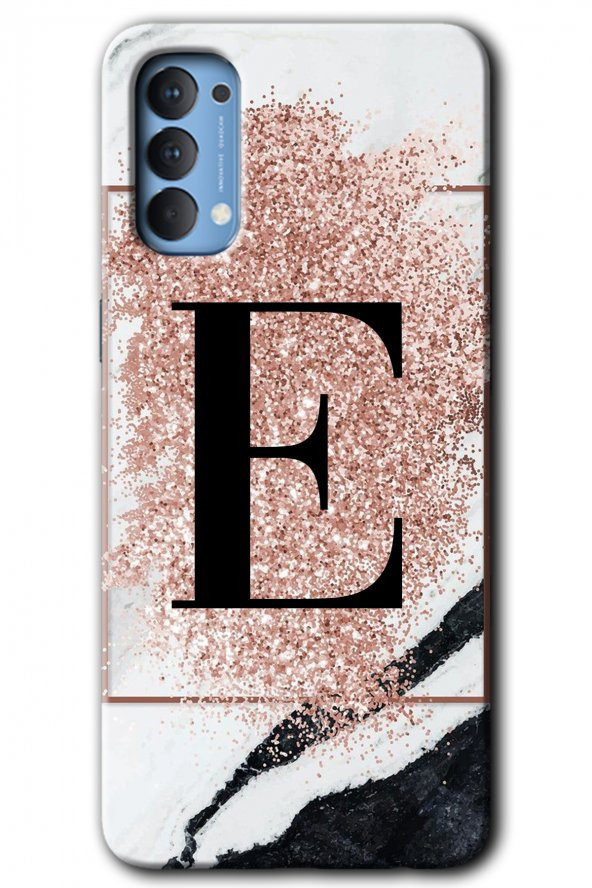 Oppo Reno 4 Kılıf HD Desen Baskılı Arka Kapak - Pembe Mermer Desenli E Harfi - 1