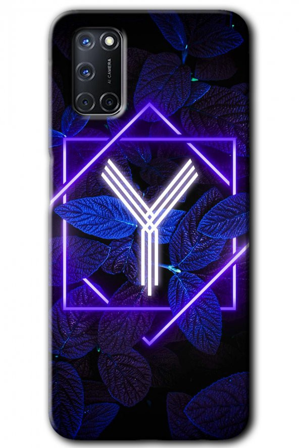Oppo A52 Kılıf HD Desen Baskılı Arka Kapak - Dark Neon Yaprak Y Harfi