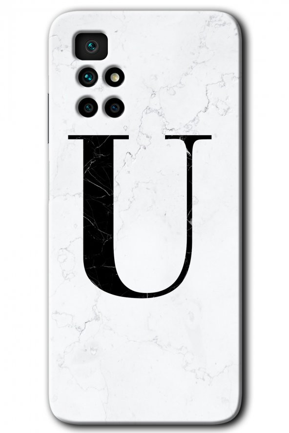 Redmi 10 Kılıf HD Desen Baskılı Arka Kapak - Beyaz Mermer Desenli U Harfi