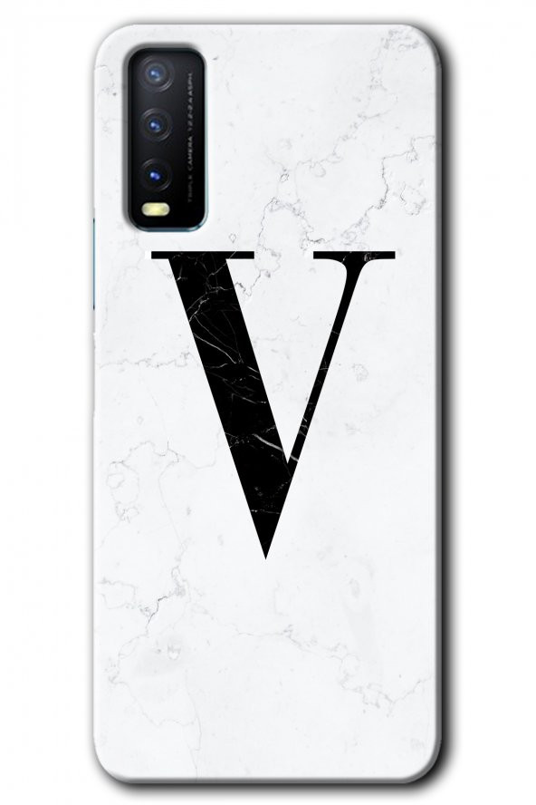 Vivo Y20 Kılıf HD Desen Baskılı Arka Kapak - Beyaz Mermer Desenli V Harfi