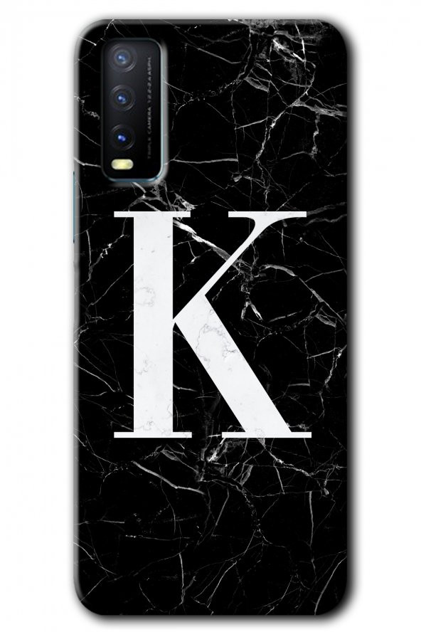 Vivo Y20s Kılıf HD Desen Baskılı Arka Kapak - Siyah Mermer Desenli K Harfi
