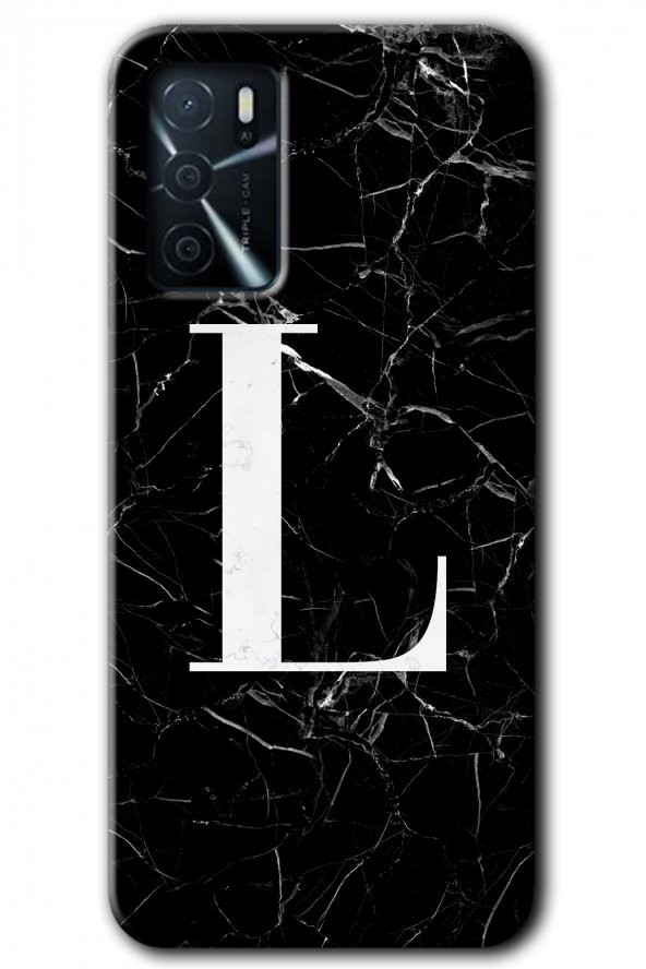 Oppo A16 Kılıf HD Desen Baskılı Arka Kapak - Siyah Mermer Desenli L Harfi