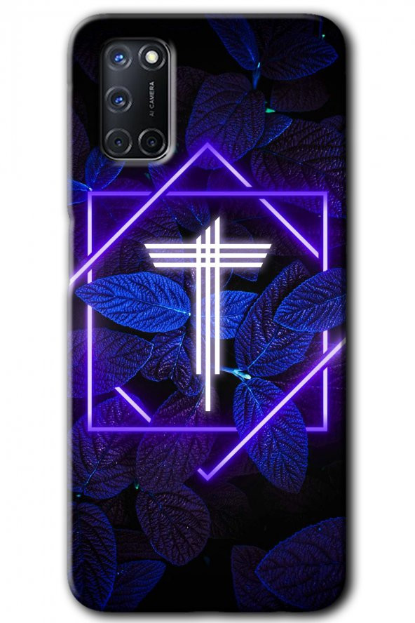 Oppo A52 Kılıf HD Desen Baskılı Arka Kapak - Dark Neon Yaprak T Harfi