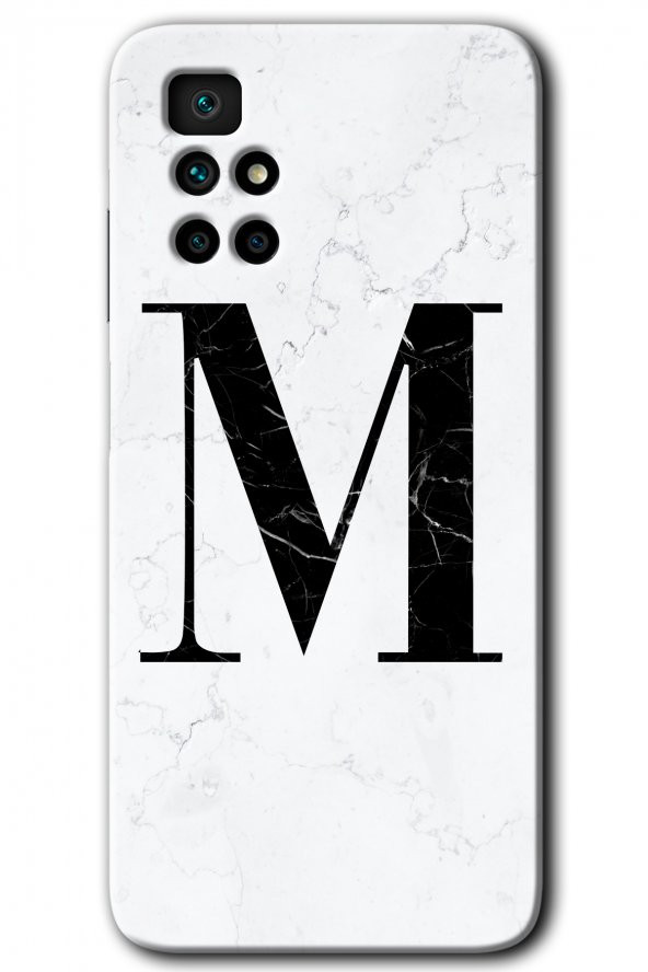 Redmi 10 Kılıf HD Desen Baskılı Arka Kapak - Beyaz Mermer Desenli M Harfi