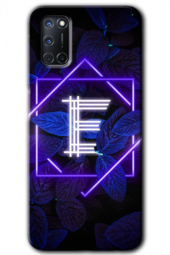 Oppo A52 Kılıf HD Desen Baskılı Arka Kapak - Dark Neon Yaprak E Harfi