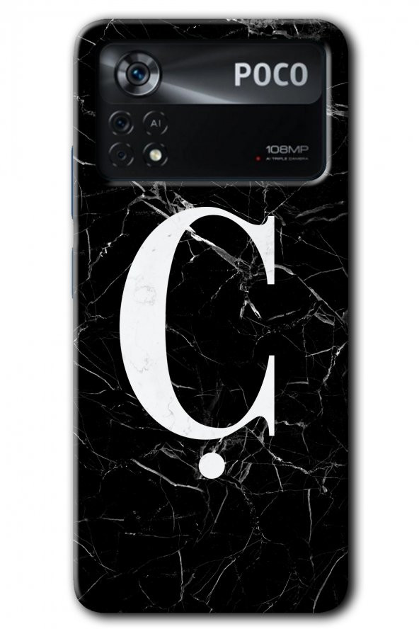 Poco x4 Pro Kılıf HD Desen Baskılı Arka Kapak - Siyah Mermer Desenli Ç Harfi