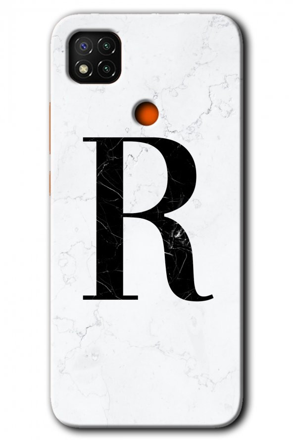 Redmi 9c Kılıf HD Desen Baskılı Arka Kapak - Beyaz Mermer Desenli R Harfi