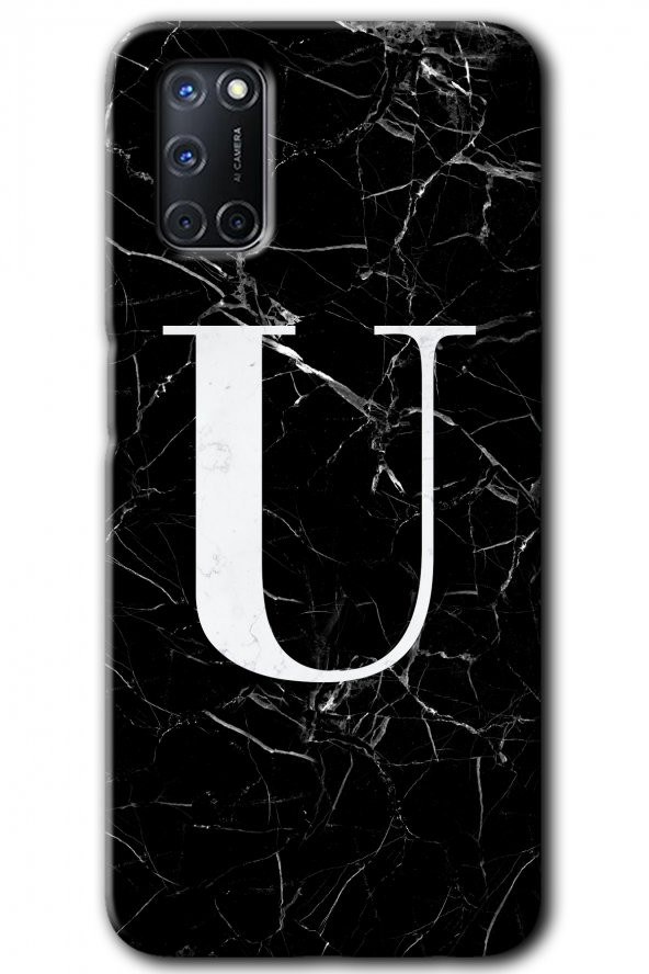 Oppo A52 Kılıf HD Desen Baskılı Arka Kapak - Siyah Mermer Desenli U Harfi