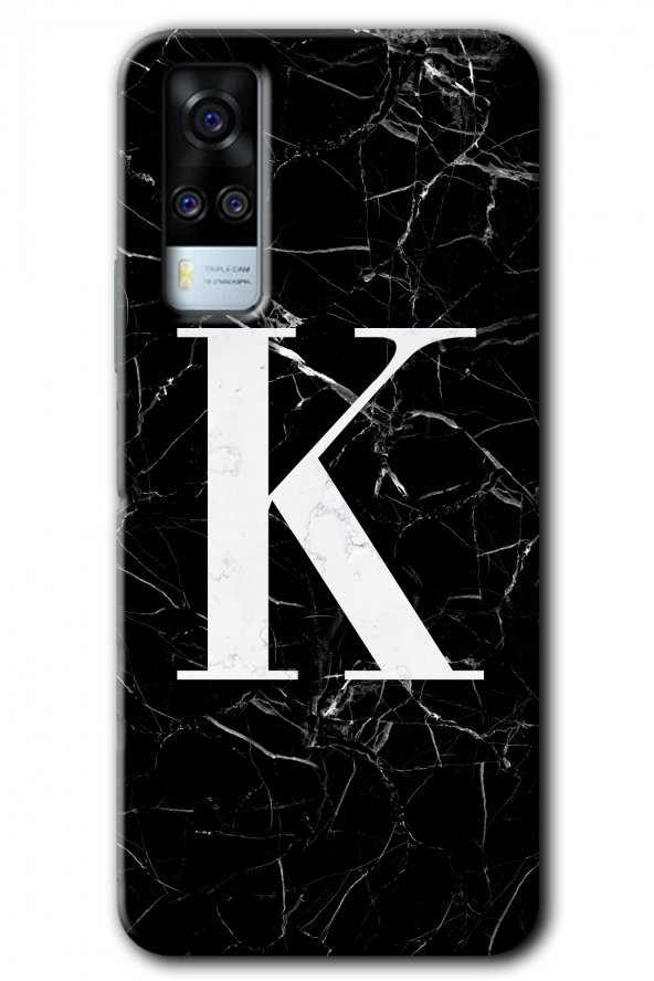 Vivo Y51a Kılıf HD Desen Baskılı Arka Kapak - Siyah Mermer Desenli K Harfi