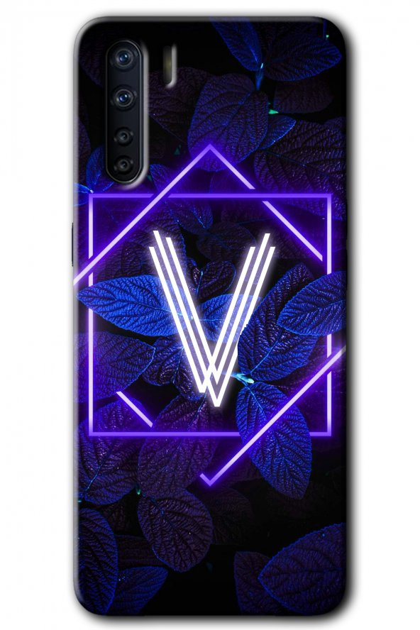 Oppo A91 Kılıf HD Desen Baskılı Arka Kapak - Dark Neon Yaprak V Harfi