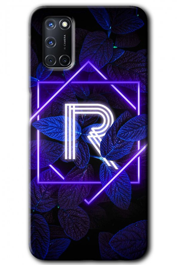 Oppo A52 Kılıf HD Desen Baskılı Arka Kapak - Dark Neon Yaprak R Harfi