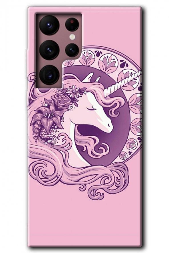 Galaxy S22 Ultra Kılıf HD Desen Baskılı Arka Kapak - Unicorn-Pembe