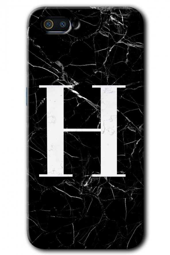 Realme C2 Kılıf HD Desen Baskılı Arka Kapak - Siyah Mermer Desenli H Harfi