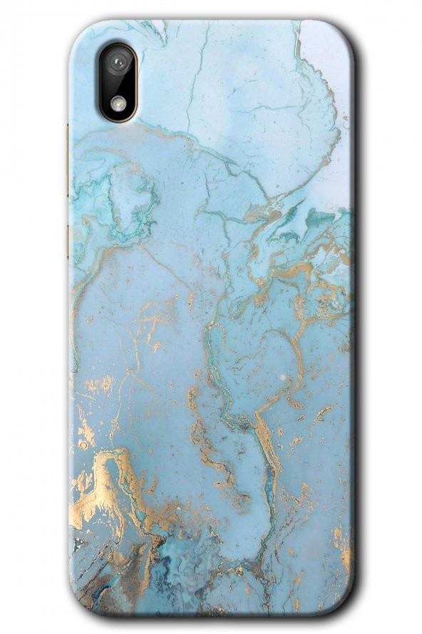 Huawei Y5 2019 Kılıf HD Desen Baskılı Arka Kapak - Mavi Gold Mermer - 1