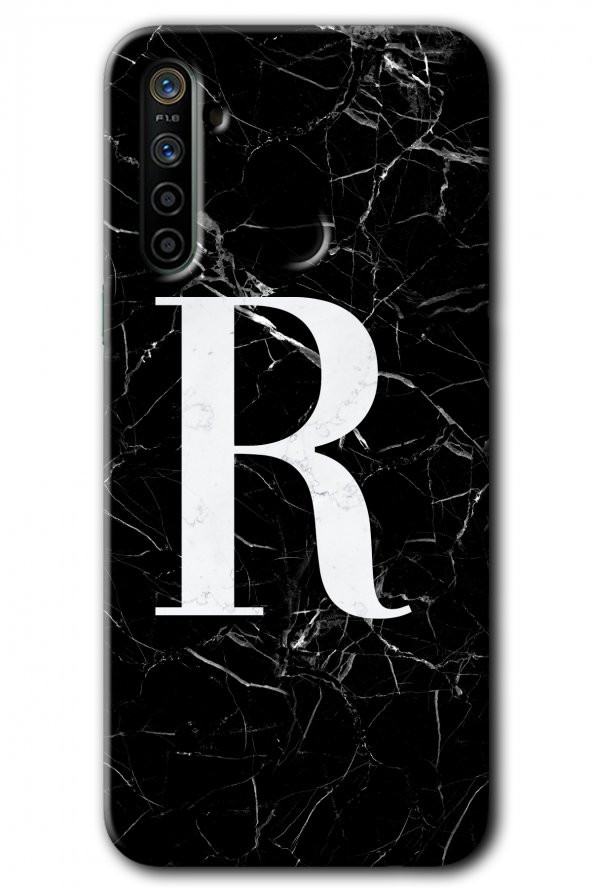 Realme 6i Kılıf HD Desen Baskılı Arka Kapak - Siyah Mermer Desenli R Harfi
