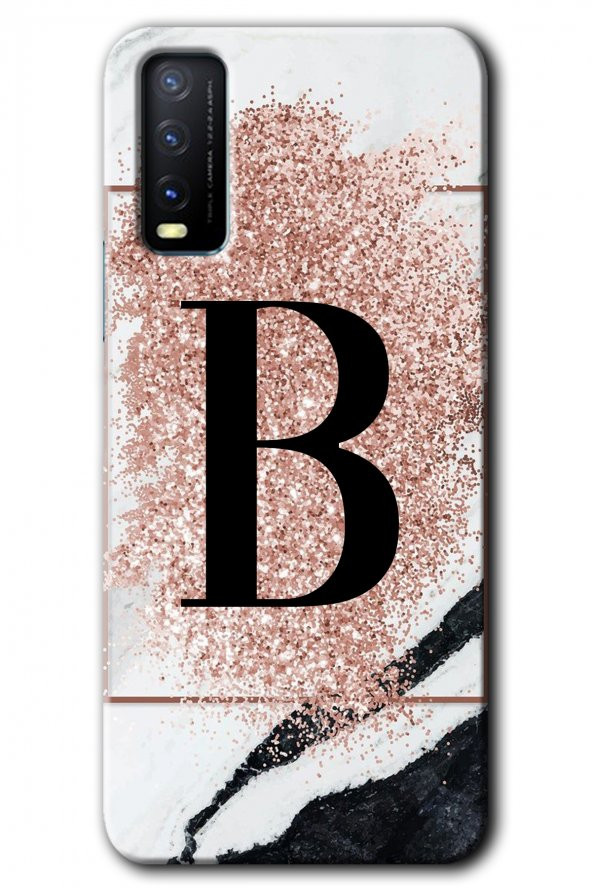 Vivo Y20 Kılıf HD Desen Baskılı Arka Kapak - Pembe Mermer Desenli B Harfi