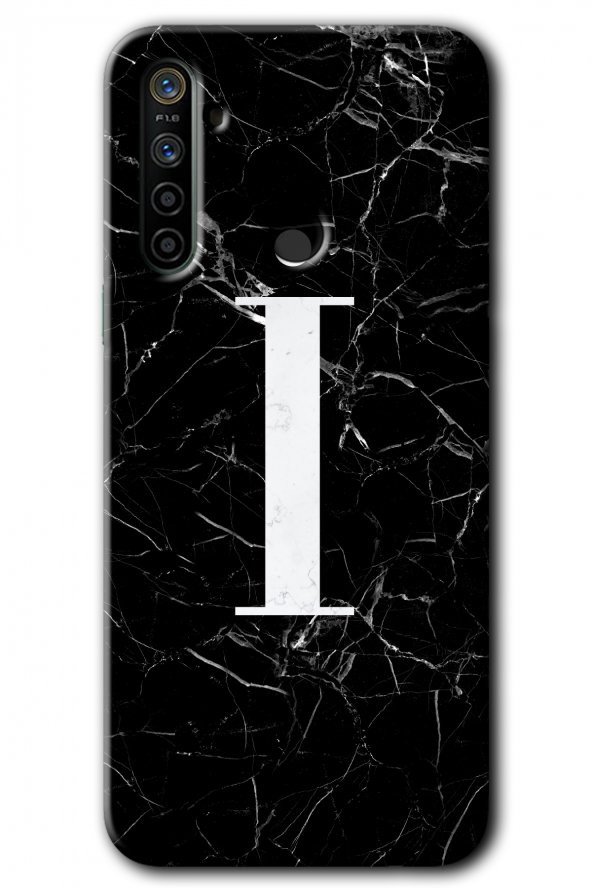 Realme 6i Kılıf HD Desen Baskılı Arka Kapak - Siyah Mermer Desenli İ Harfi
