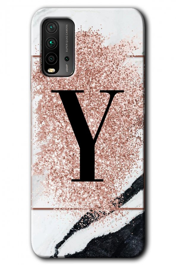 Redmi 9T Kılıf HD Desen Baskılı Arka Kapak - Pembe Mermer Desenli Y Harfi - 1
