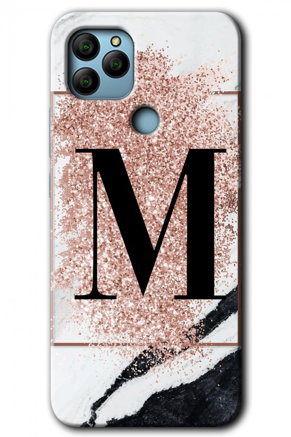 General Mobile GM 22 Plus Kılıf HD Desen Baskılı Arka Kapak - Pembe Mermer Desenli M Harfi