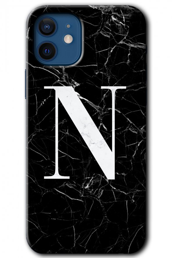 iPhone 12 Kılıf HD Desen Baskılı Arka Kapak - Siyah Mermer Desenli N Harfi