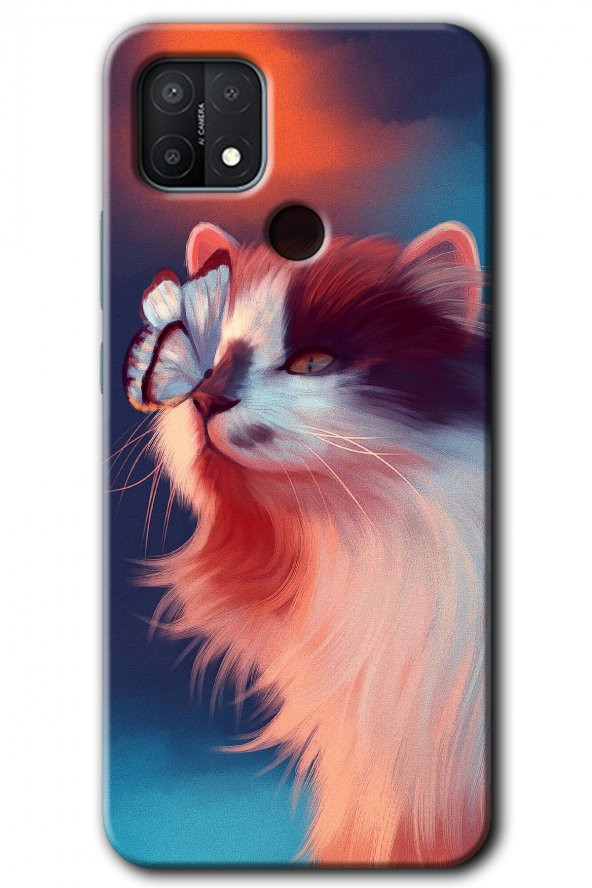 Oppo A15s Kılıf HD Desen Baskılı Arka Kapak - Cat Butterfly - 1