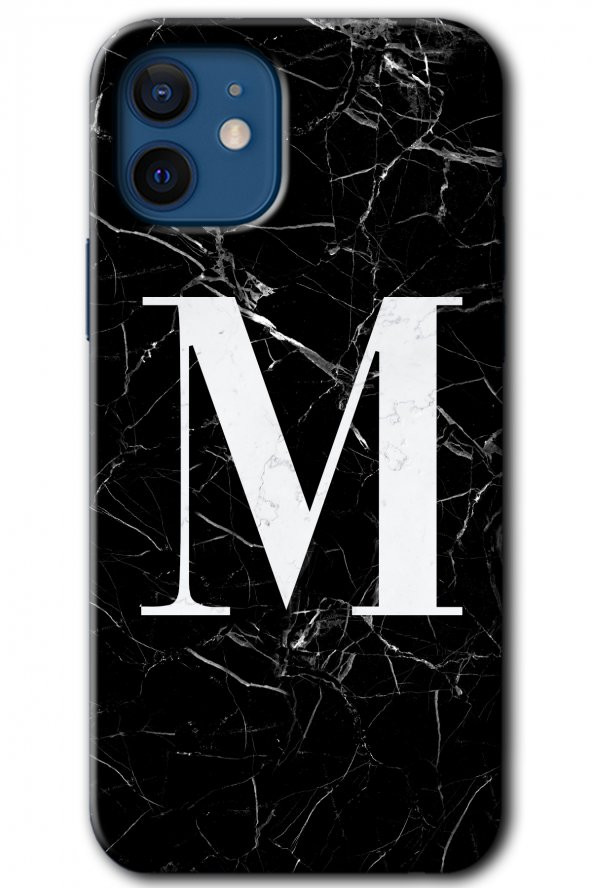 iPhone 12 Kılıf HD Desen Baskılı Arka Kapak - Siyah Mermer Desenli M Harfi - 1