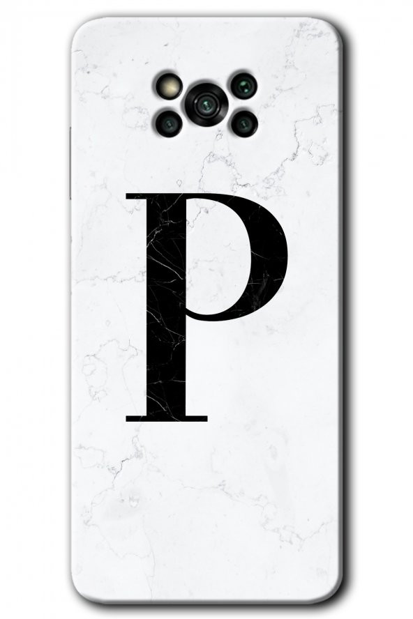 Poco x3 Pro Kılıf HD Desen Baskılı Arka Kapak - Beyaz Mermer Desenli P Harfi