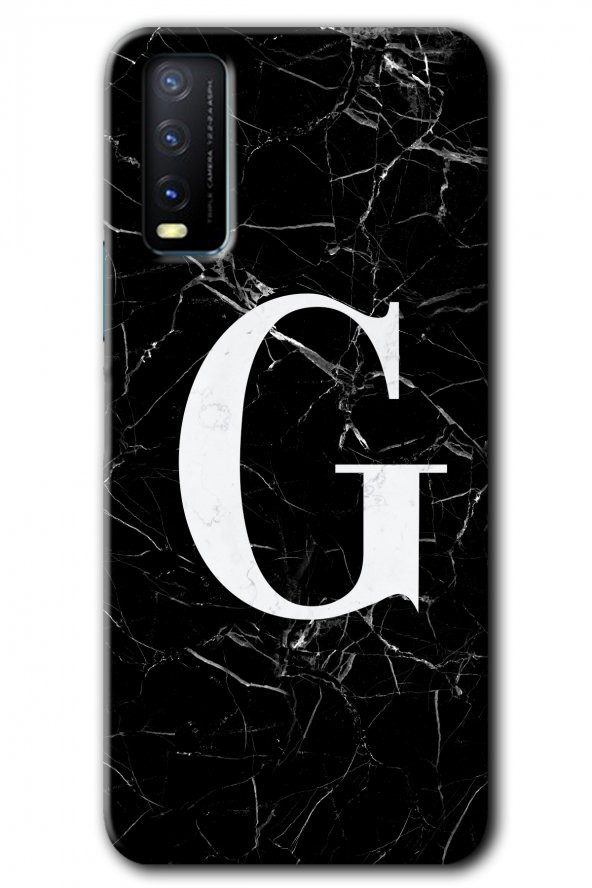 Vivo Y20 Kılıf HD Desen Baskılı Arka Kapak - Siyah Mermer Desenli G Harfi