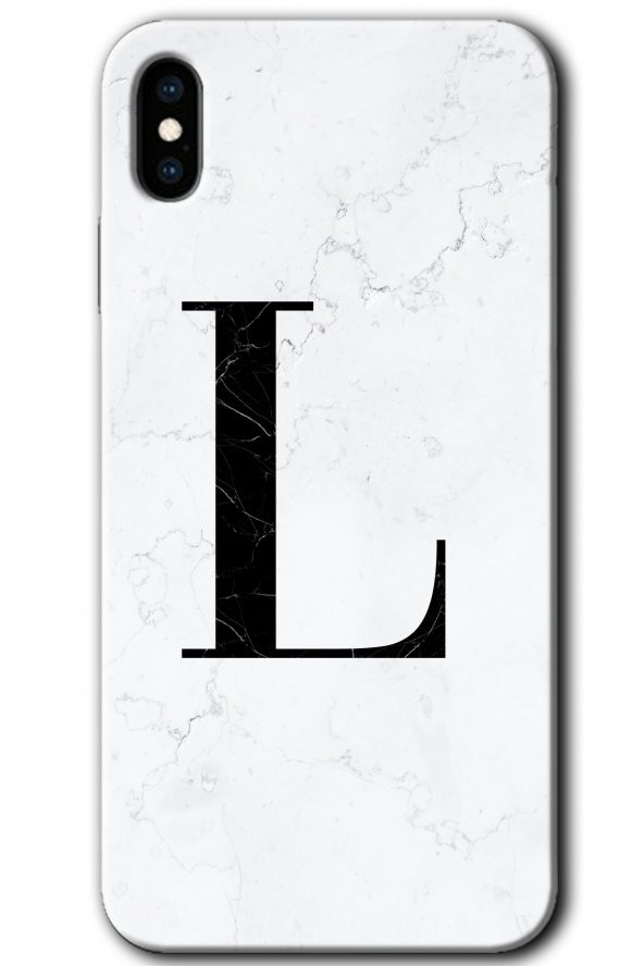 iPhone X Kılıf HD Desen Baskılı Arka Kapak - Beyaz Mermer Desenli L Harfi