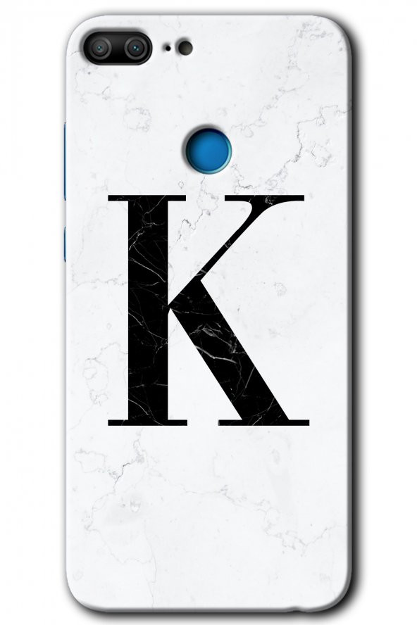 Honor 9 Lite Kılıf HD Desen Baskılı Arka Kapak - Beyaz Mermer Desenli K Harfi
