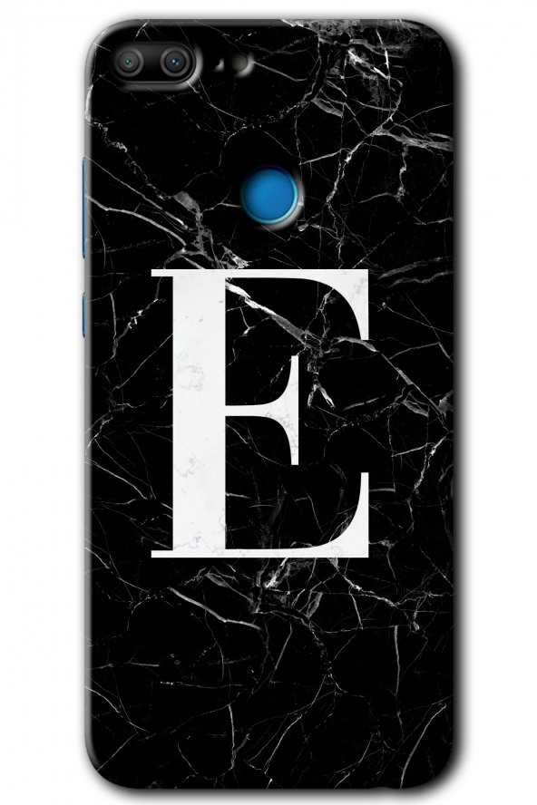 Honor 9 Lite Kılıf HD Desen Baskılı Arka Kapak - Siyah Mermer Desenli E Harfi