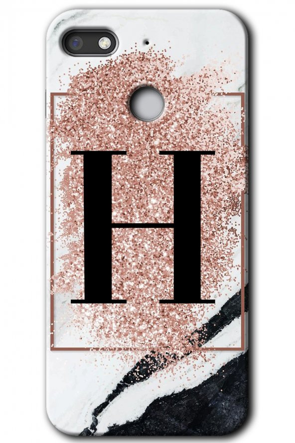 General Mobile GM 8 Go Kılıf HD Desen Baskılı Arka Kapak - Pembe Mermer Desenli H Harfi