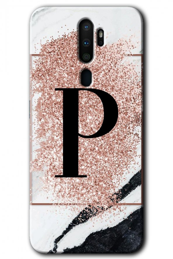 Oppo A5 2020 Kılıf HD Desen Baskılı Arka Kapak - Pembe Mermer Desenli P Harfi