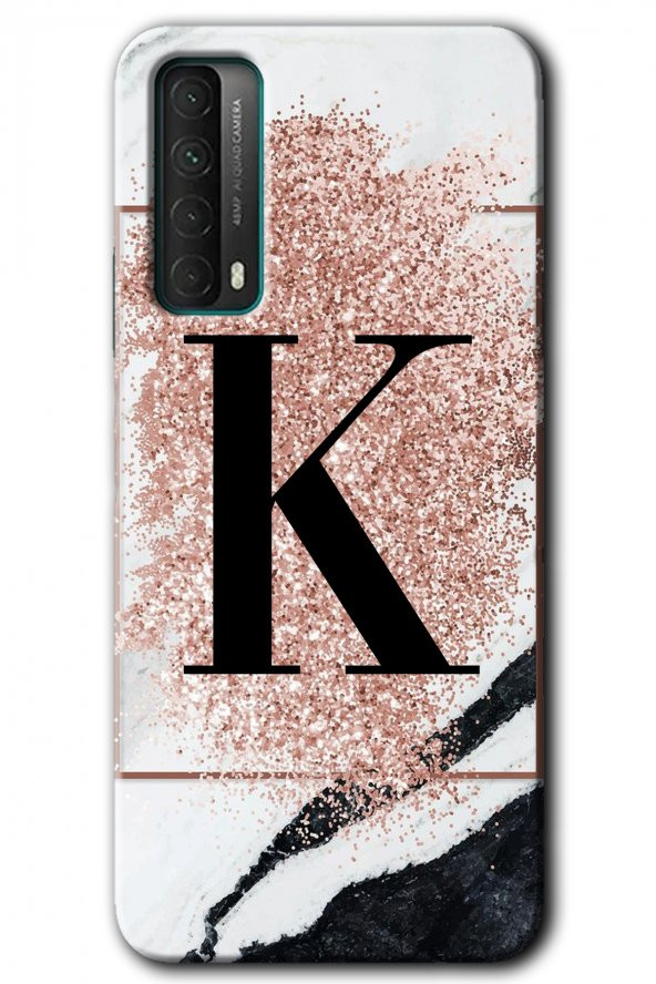 Huawei P Smart 2021 Kılıf HD Desen Baskılı Arka Kapak - Pembe Mermer Desenli K Harfi