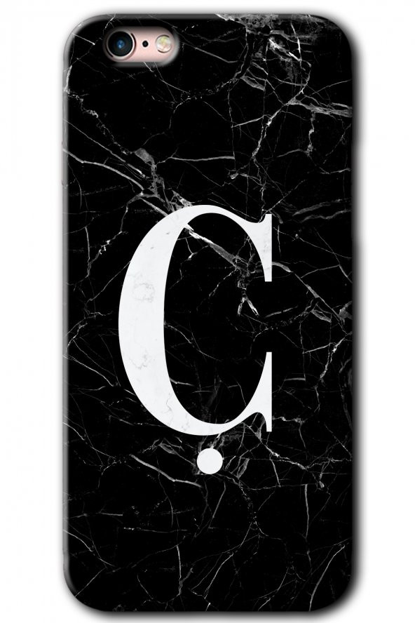 iPhone 6 Plus Kılıf HD Desen Baskılı Arka Kapak - Siyah Mermer Desenli Ç Harfi - 1