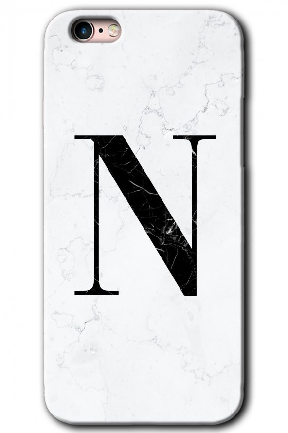 iPhone 6 Kılıf HD Desen Baskılı Arka Kapak - Beyaz Mermer Desenli N Harfi