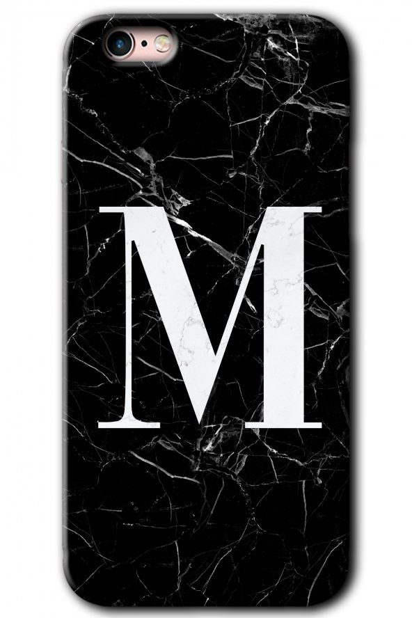 iPhone 6 Kılıf HD Desen Baskılı Arka Kapak - Siyah Mermer Desenli M Harfi