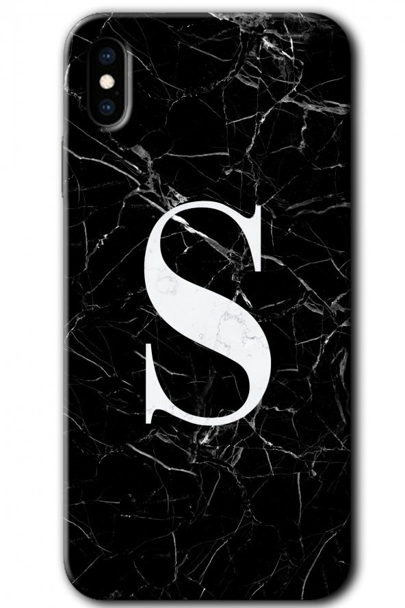 iPhone X Kılıf HD Desen Baskılı Arka Kapak - Siyah Mermer Desenli S Harfi