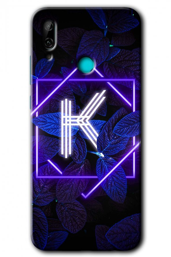 Huawei P smart 2019 Kılıf HD Desen Baskılı Arka Kapak - Dark Neon Yaprak K Harfi
