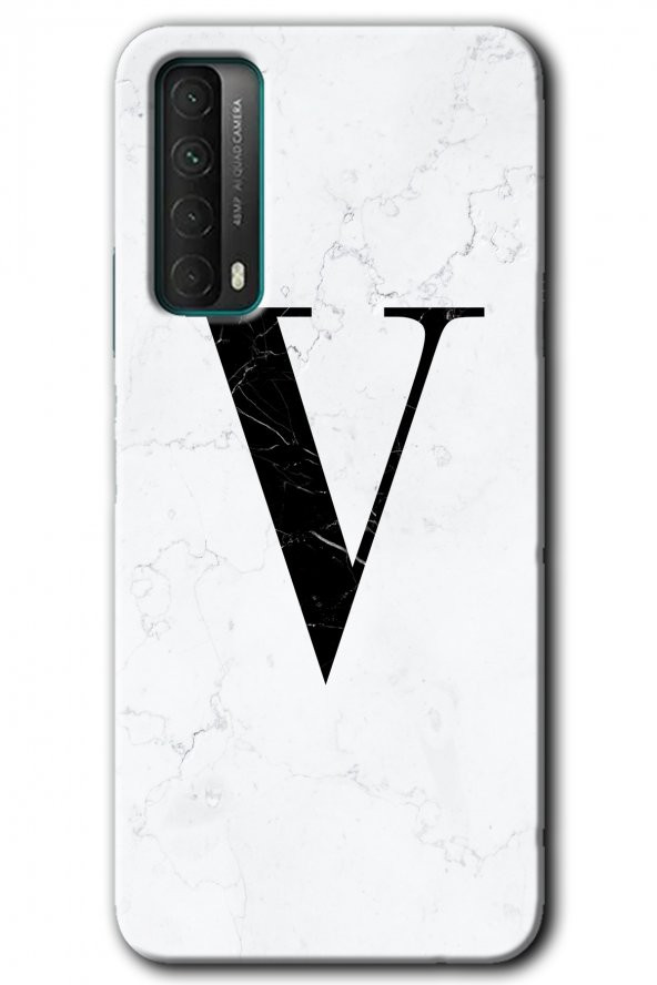 Huawei P Smart 2021 Kılıf HD Desen Baskılı Arka Kapak - Beyaz Mermer Desenli V Harfi - 1