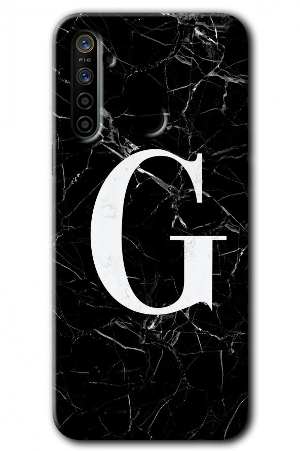 Realme 6i Kılıf HD Desen Baskılı Arka Kapak - Siyah Mermer Desenli G Harfi