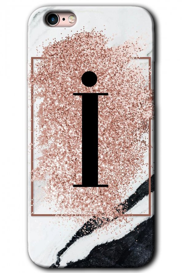 iPhone 6 Plus Kılıf HD Desen Baskılı Arka Kapak - Pembe Mermer Desenli İ Harfi