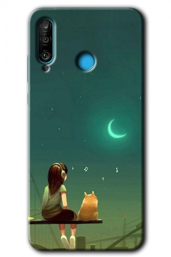 Huawei P30 Lite Kılıf HD Desen Baskılı Arka Kapak - Kedili Kız