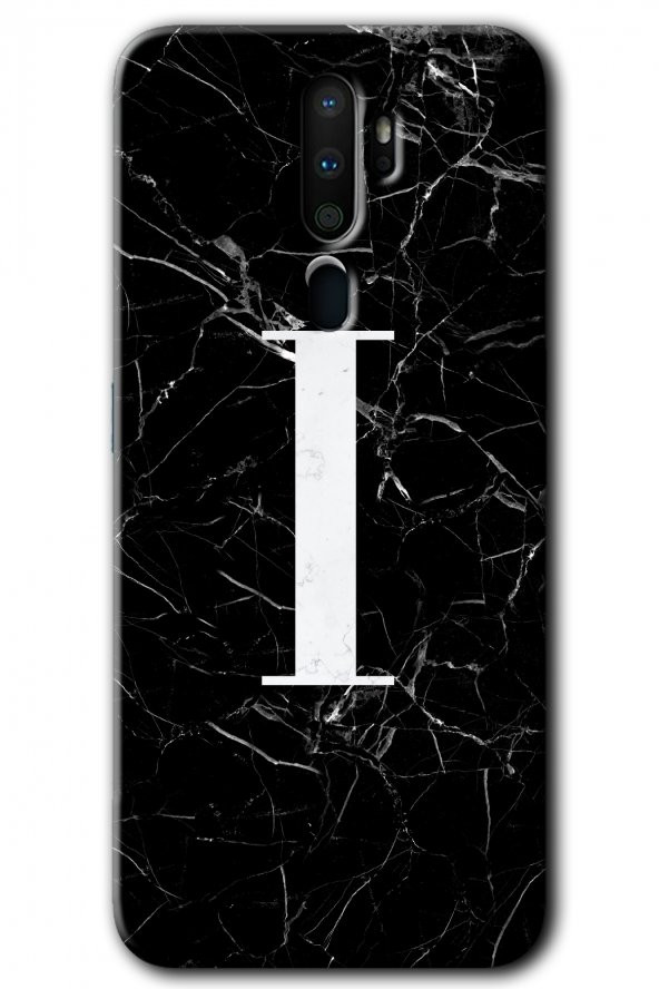 Oppo A5 2020 Kılıf HD Desen Baskılı Arka Kapak - Siyah Mermer Desenli İ Harfi