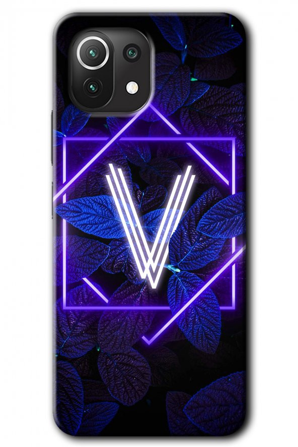 Xiaomi Mi 11 Kılıf HD Desen Baskılı Arka Kapak - Dark Neon Yaprak V Harfi