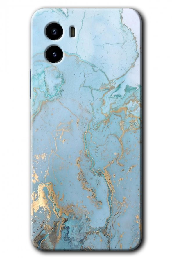 Vivo Y15s Kılıf HD Desen Baskılı Arka Kapak - Mavi Gold Mermer - 1