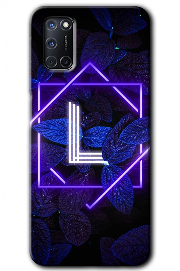 Oppo A52 Kılıf HD Desen Baskılı Arka Kapak - Dark Neon Yaprak L Harfi