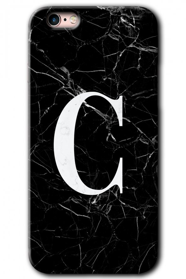 iPhone 6 Plus Kılıf HD Desen Baskılı Arka Kapak - Siyah Mermer Desenli C Harfi