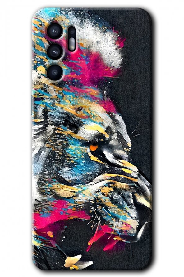 Oppo Reno 6 Kılıf HD Desen Baskılı Arka Kapak - Colorfull Aslan - 1